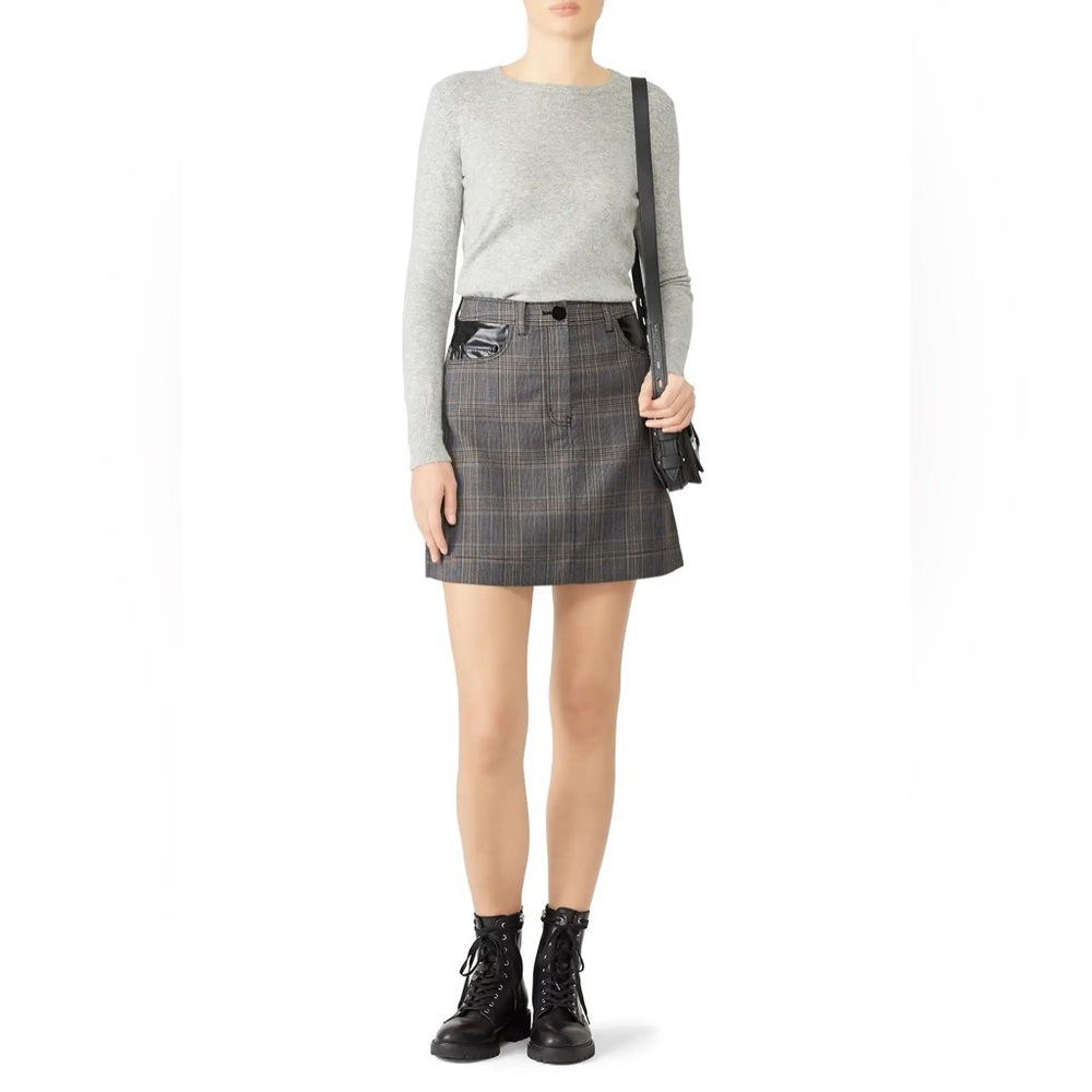 Derek Lam 10 Crosby Grey Plaid Crepe Mini Skirt Patent Leather Accents Pockets 🩶